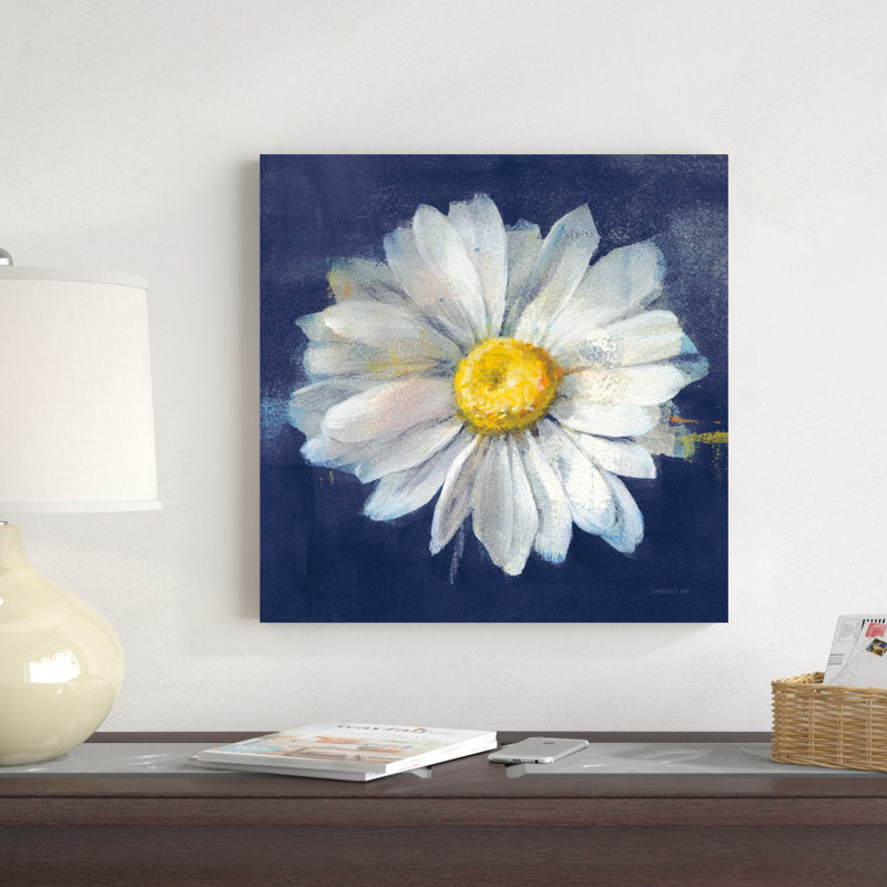 Stunning White Daisy Against Dark Blue Canvas - Floral Oil Painting Decor