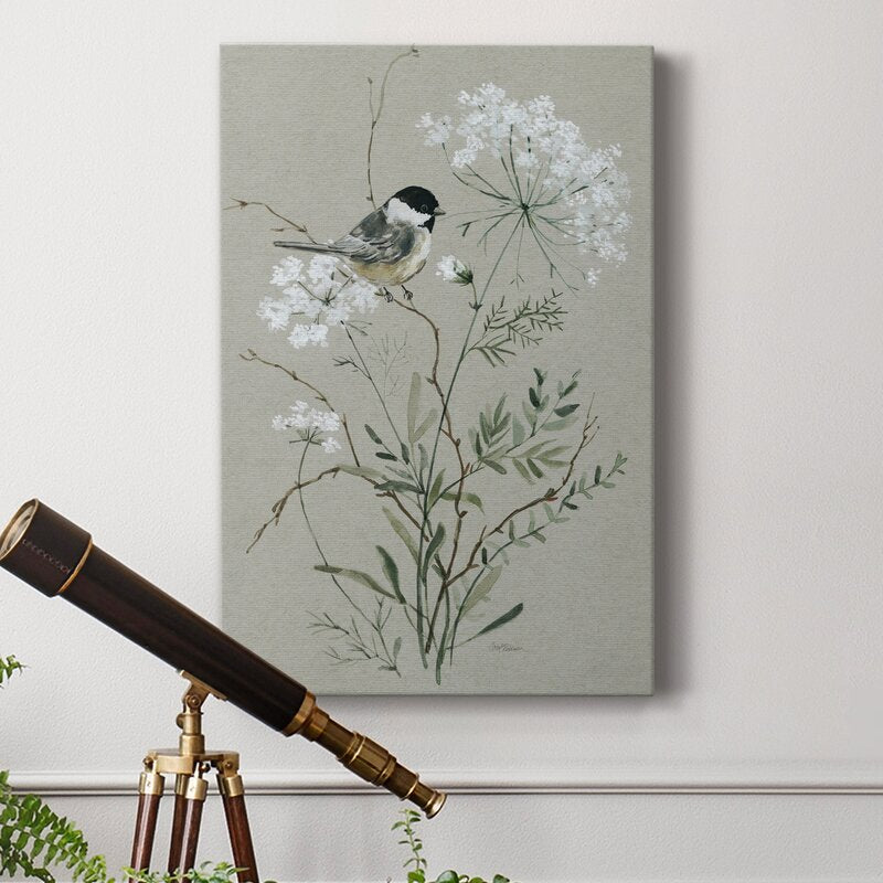 Serene Bird on Blossoming Wildflowers Oil Painting for Tranquil Home Decor