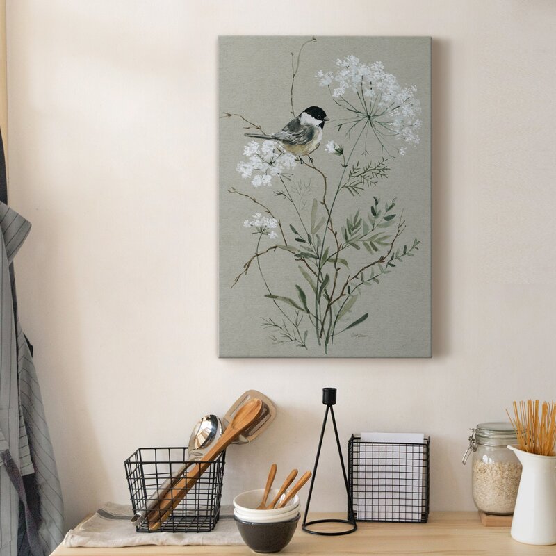 Serene Bird on Blossoming Wildflowers Oil Painting for Tranquil Home Decor