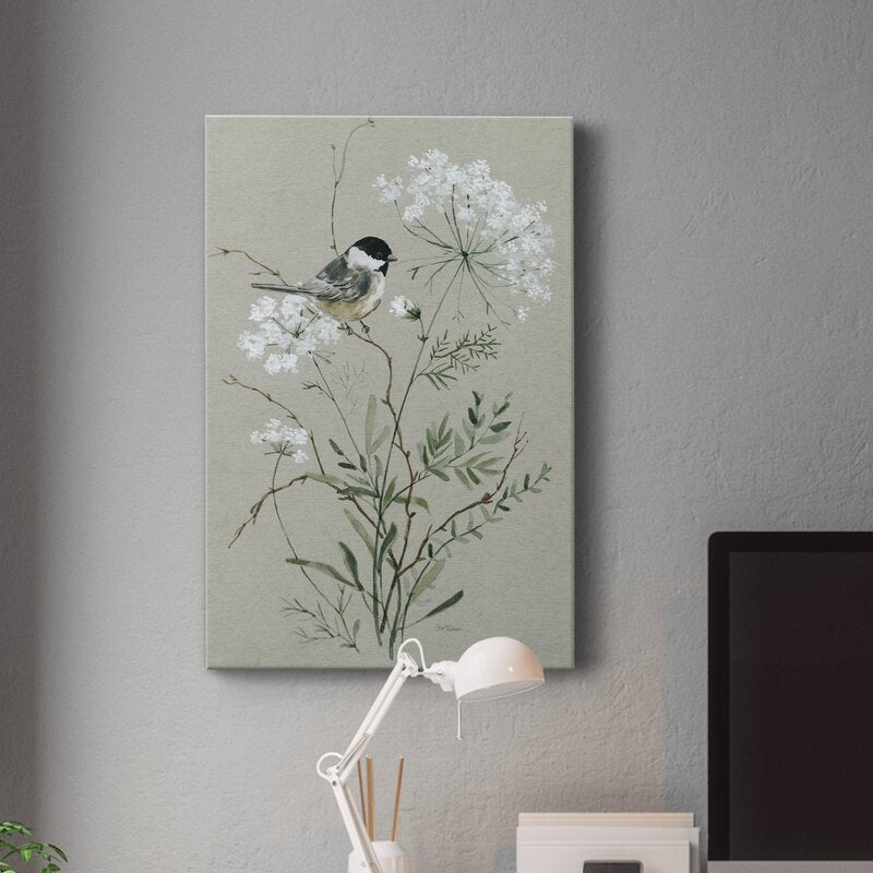 Serene Bird on Blossoming Wildflowers Oil Painting for Tranquil Home Decor