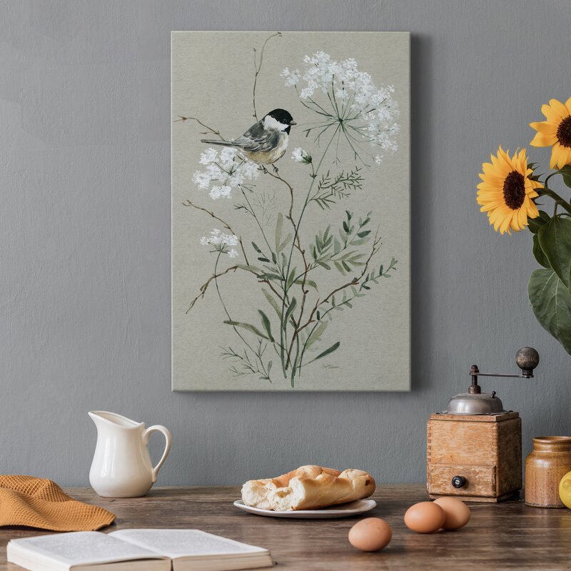 Serene Bird on Blossoming Wildflowers Oil Painting for Tranquil Home Decor