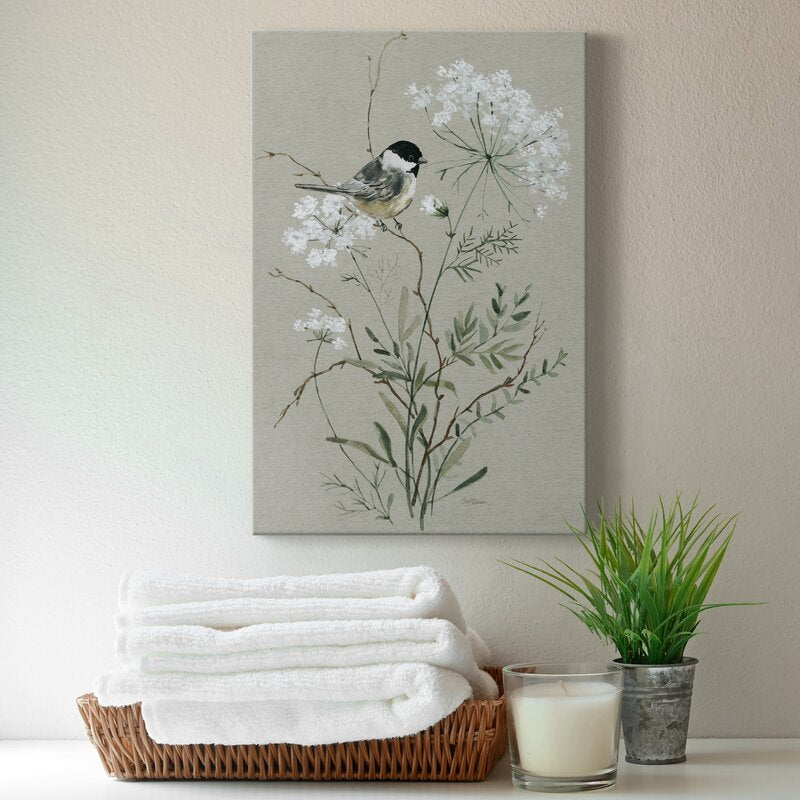 Serene Bird on Blossoming Wildflowers Oil Painting for Tranquil Home Decor