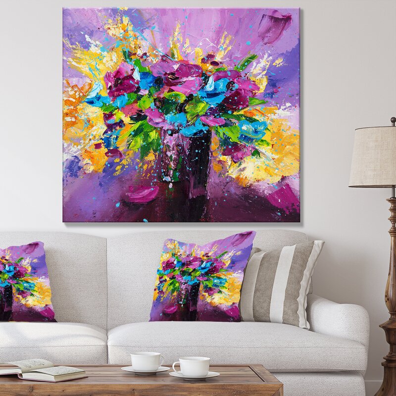 Vibrant Spring Flower Bouquet Oil Painting on Purple Background for Home Decor