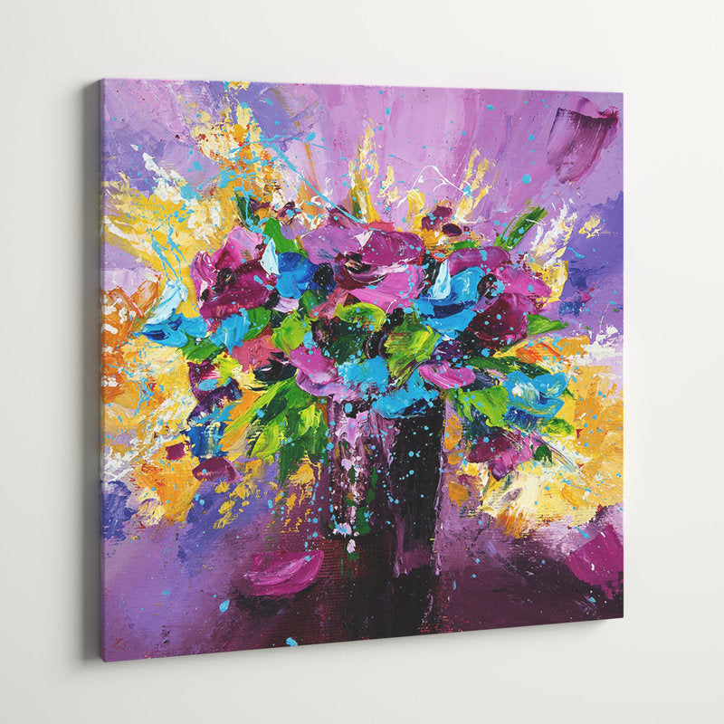 Vibrant Spring Flower Bouquet Oil Painting on Purple Background for Home Decor