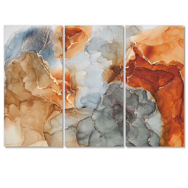 Elegant Brown and Gray Abstract Fluid Art Triptych for Modern Interiors