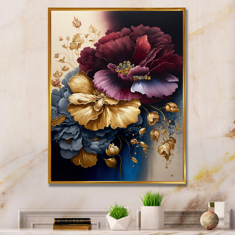 Elegant Burgundy and Blue Floral Bouquet Artwork for Home Decor