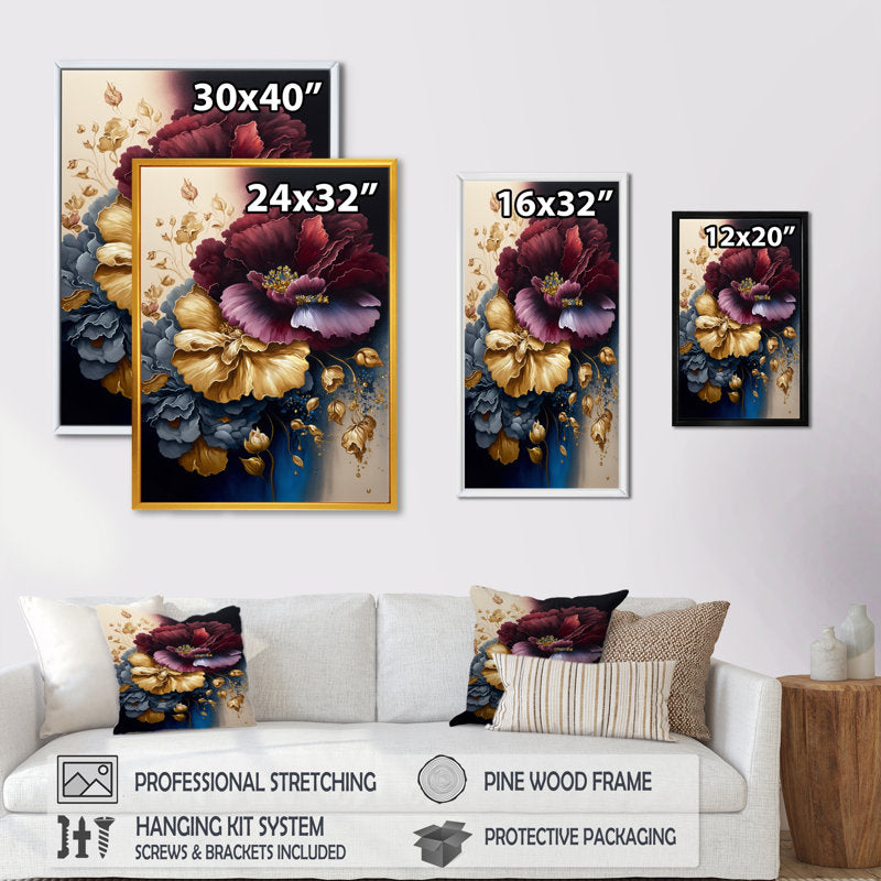 Elegant Burgundy and Blue Floral Bouquet Artwork for Home Decor