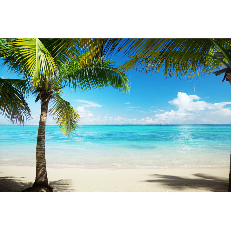 Tranquil Caribbean Beach Oil Painting with Palm Trees and Crystal Clear Ocean