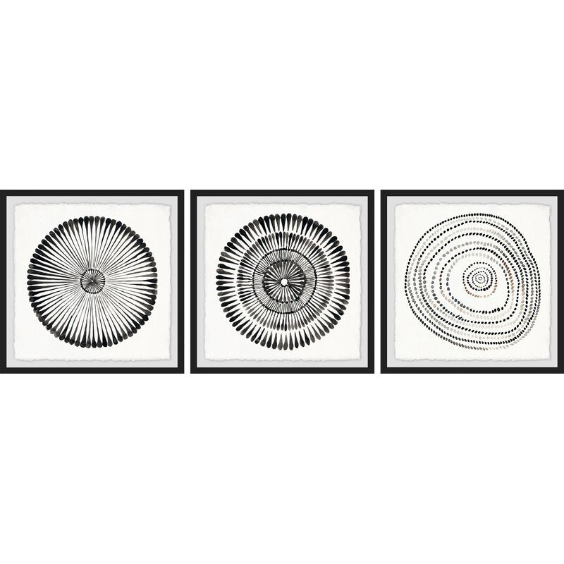 Elegant Black and White Circle Bloom Abstract Triptych Wall Art