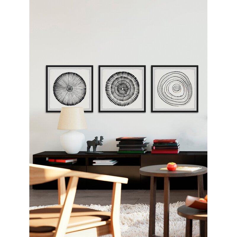 Elegant Black and White Circle Bloom Abstract Triptych Wall Art