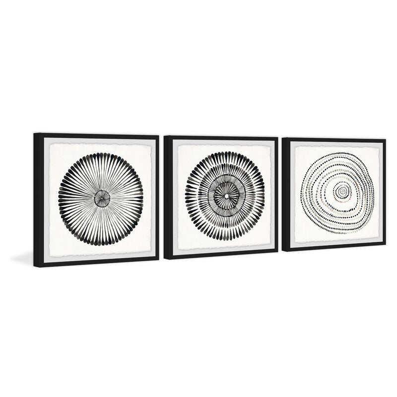 Elegant Black and White Circle Bloom Abstract Triptych Wall Art