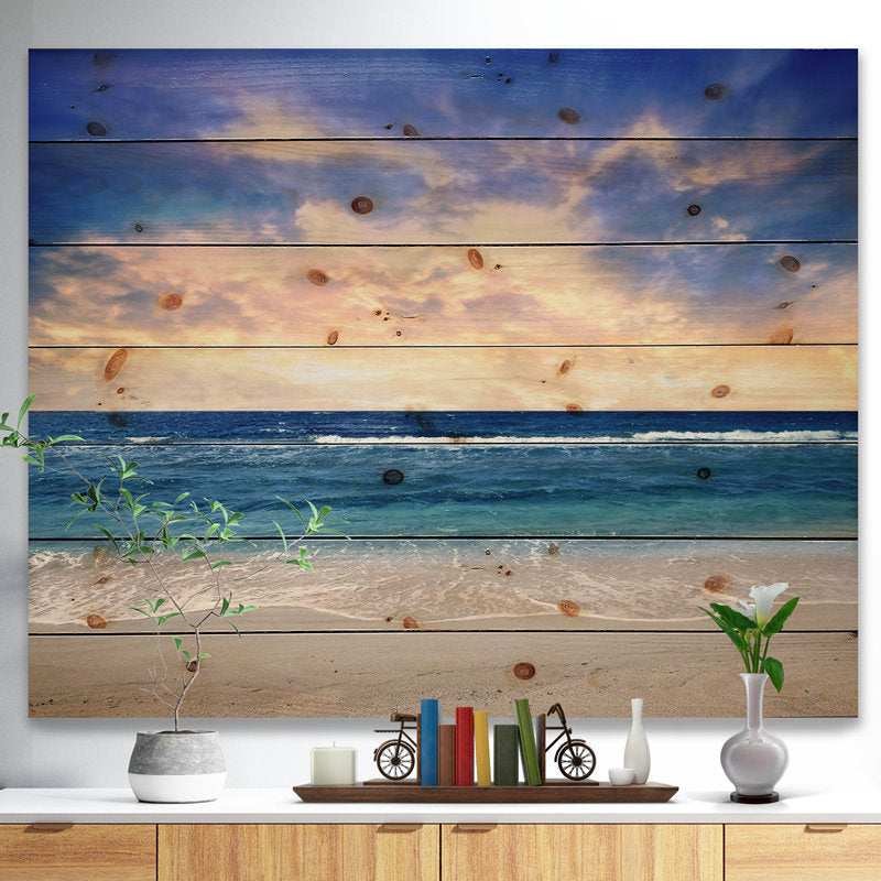 Tranquil Blue Ocean Sunset Landscape Oil Painting for Home Decor
