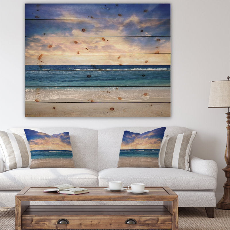 Tranquil Blue Ocean Sunset Landscape Oil Painting for Home Decor