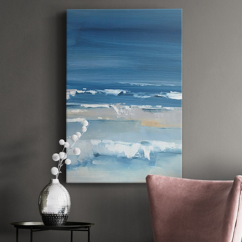 Serene Coastal Landscape: Vibrant Ocean Blues and Gentle Waves in Oil Painting