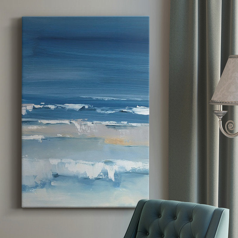 Serene Coastal Landscape: Vibrant Ocean Blues and Gentle Waves in Oil Painting