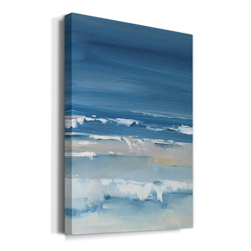 Serene Coastal Landscape: Vibrant Ocean Blues and Gentle Waves in Oil Painting