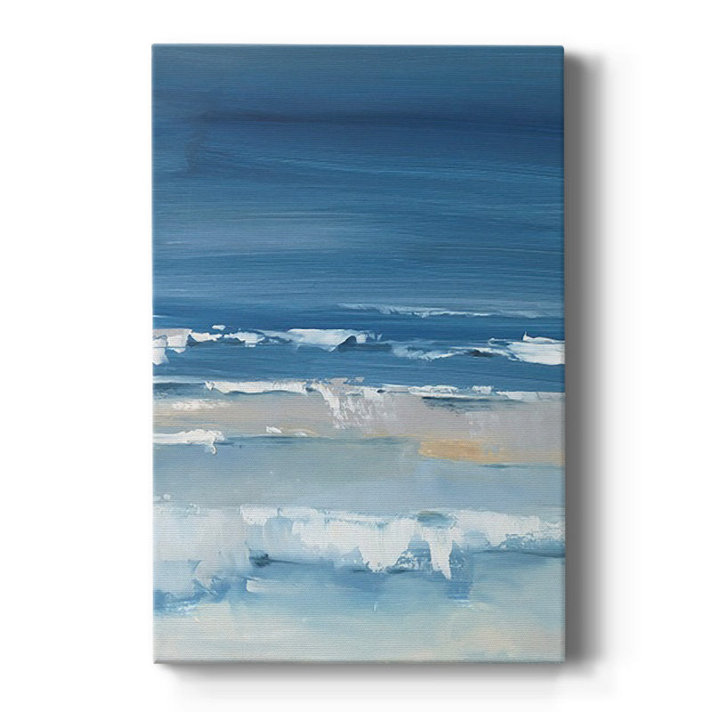 Serene Coastal Landscape: Vibrant Ocean Blues and Gentle Waves in Oil Painting
