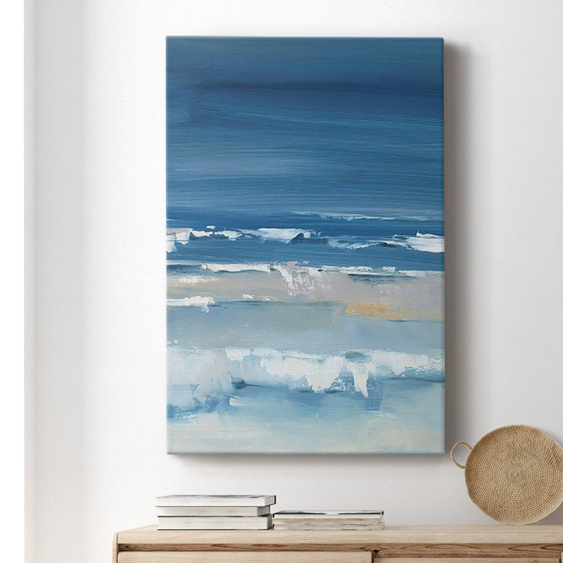 Serene Coastal Landscape: Vibrant Ocean Blues and Gentle Waves in Oil Painting