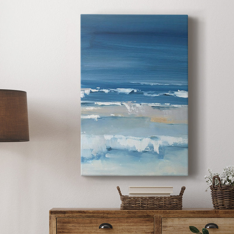 Serene Coastal Landscape: Vibrant Ocean Blues and Gentle Waves in Oil Painting