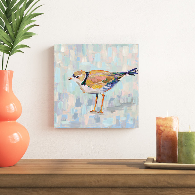 Serene Coastal Plover Bird Oil Painting on Soft Abstract Background