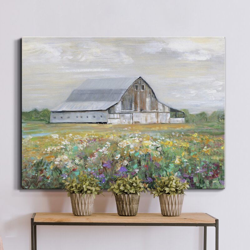 Charming Oil Painting of Rustic Barn Amidst Vibrant Country Wildflowers