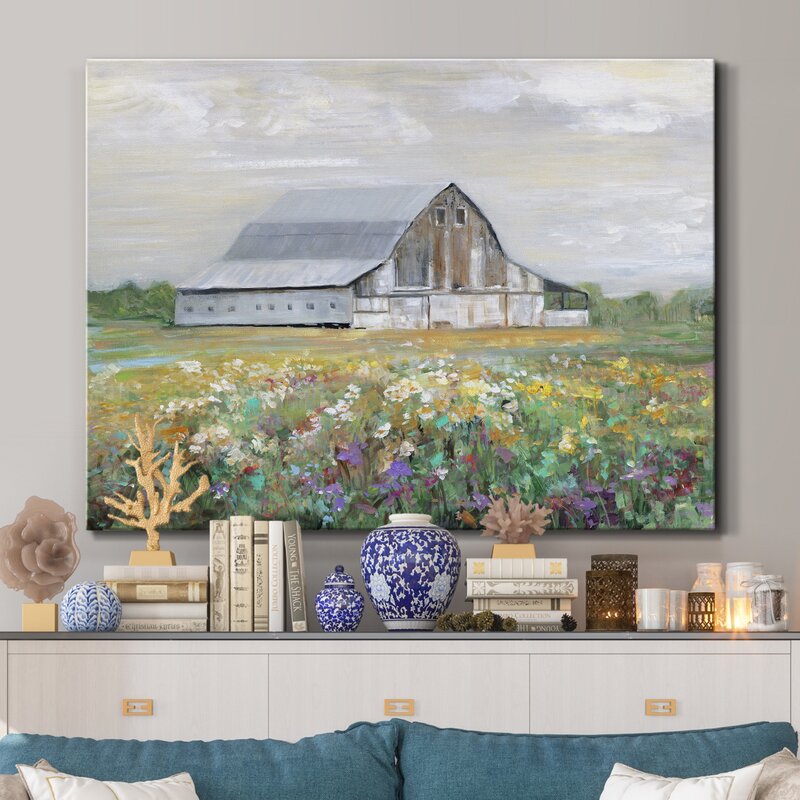 Charming Oil Painting of Rustic Barn Amidst Vibrant Country Wildflowers