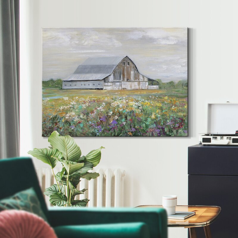 Charming Oil Painting of Rustic Barn Amidst Vibrant Country Wildflowers
