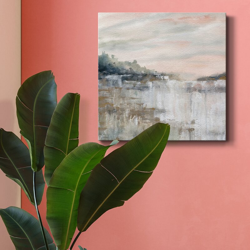 Serene Landscape Painting of Tranquil Waterfall and Misty Reflections