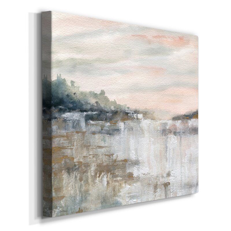 Serene Landscape Painting of Tranquil Waterfall and Misty Reflections