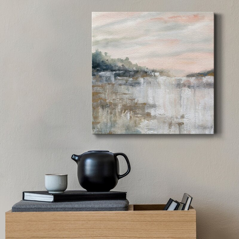 Serene Landscape Painting of Tranquil Waterfall and Misty Reflections