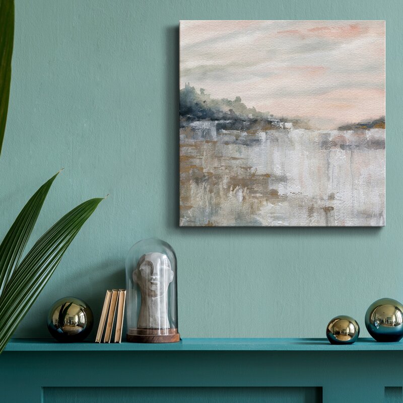 Serene Landscape Painting of Tranquil Waterfall and Misty Reflections