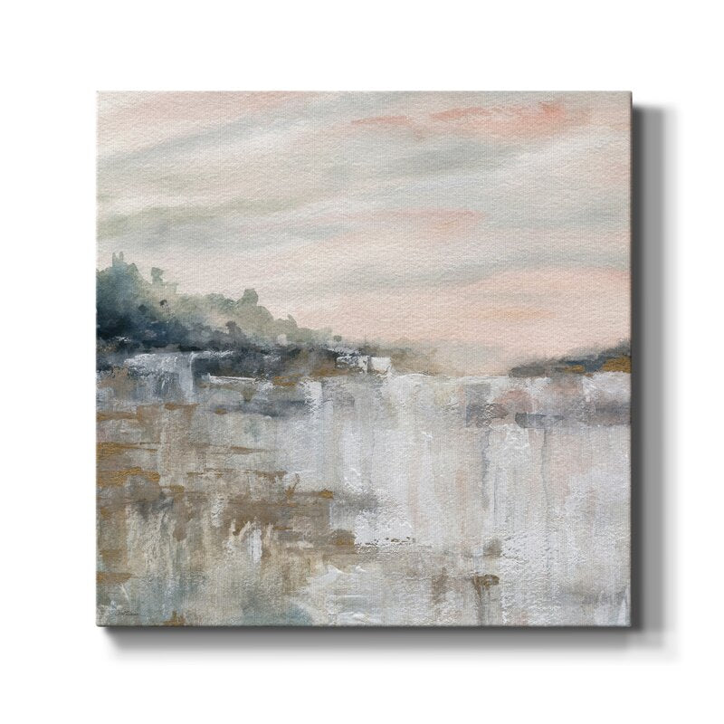 Serene Landscape Painting of Tranquil Waterfall and Misty Reflections
