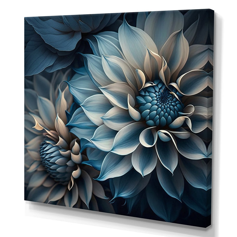 Elegant Blue and White Dahlia Floral Oil Painting for Home Decor