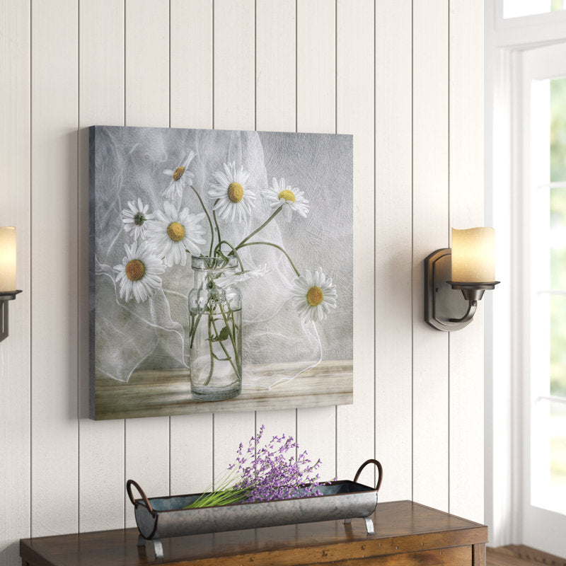 Charming White Daisies in Vintage Glass Jar - Bright Floral Oil Painting