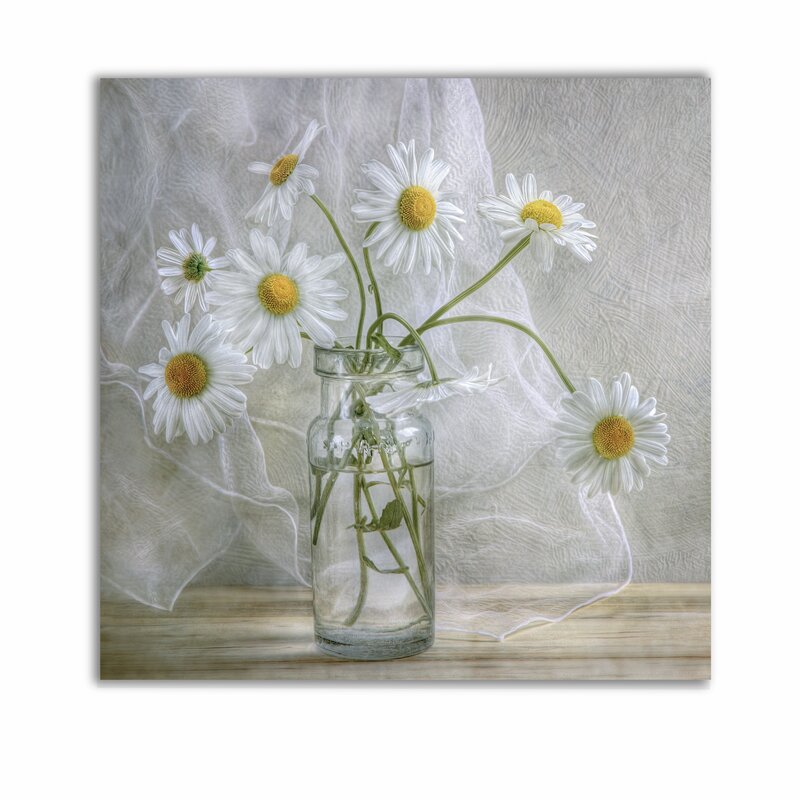 Charming White Daisies in Vintage Glass Jar - Bright Floral Oil Painting