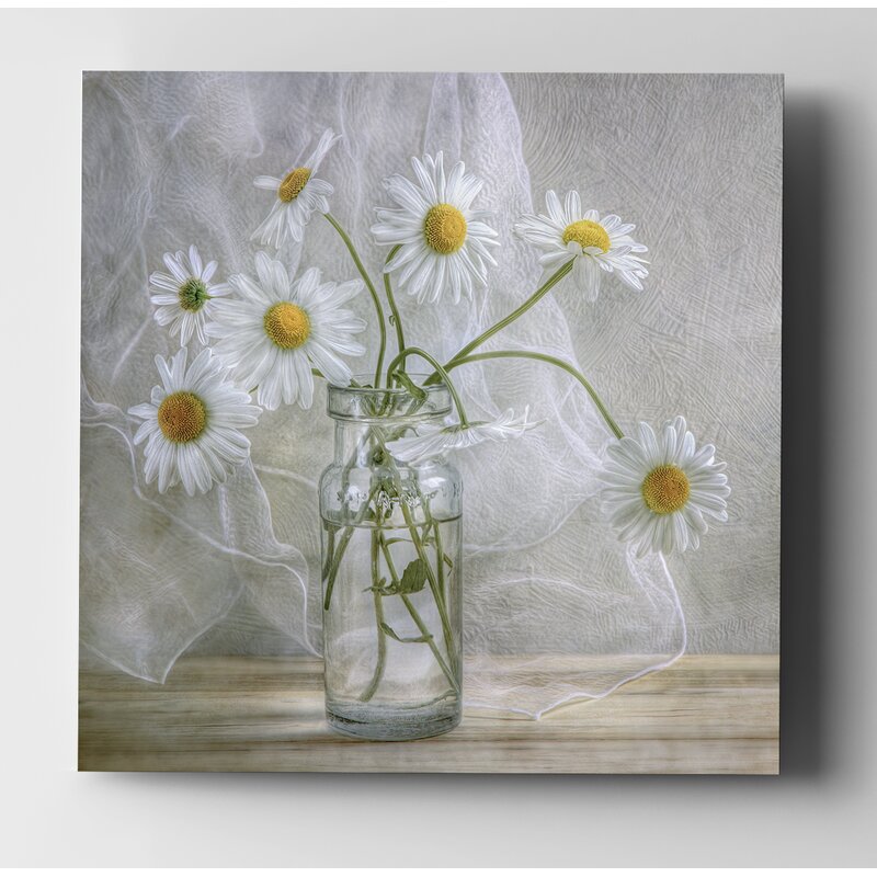 Charming White Daisies in Vintage Glass Jar - Bright Floral Oil Painting