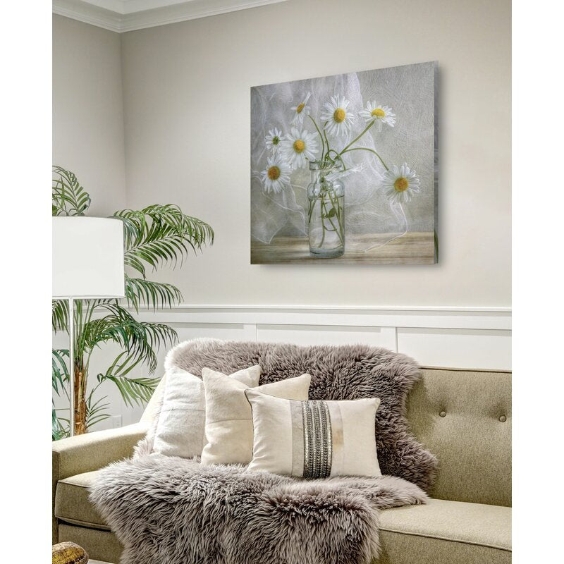 Charming White Daisies in Vintage Glass Jar - Bright Floral Oil Painting