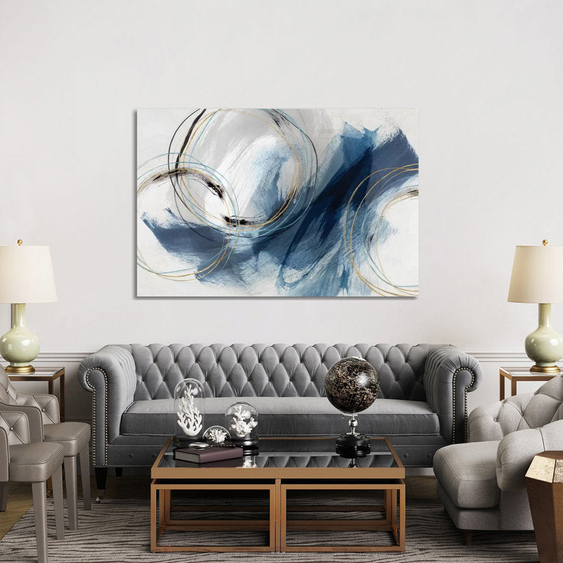 Abstract Blue Waves with Gold Accents - Modern Oil Painting Decor