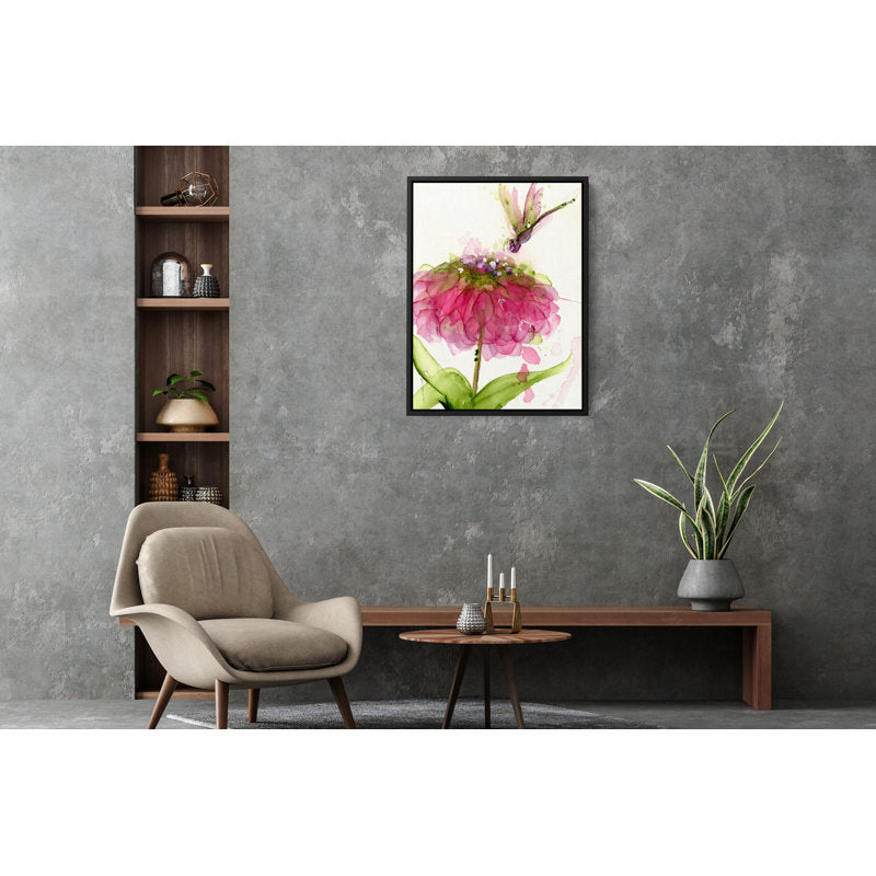 Beautiful Dragonfly Over Vibrant Zinnia Flower Oil Painting