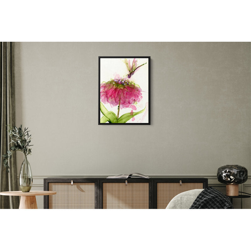 Beautiful Dragonfly Over Vibrant Zinnia Flower Oil Painting