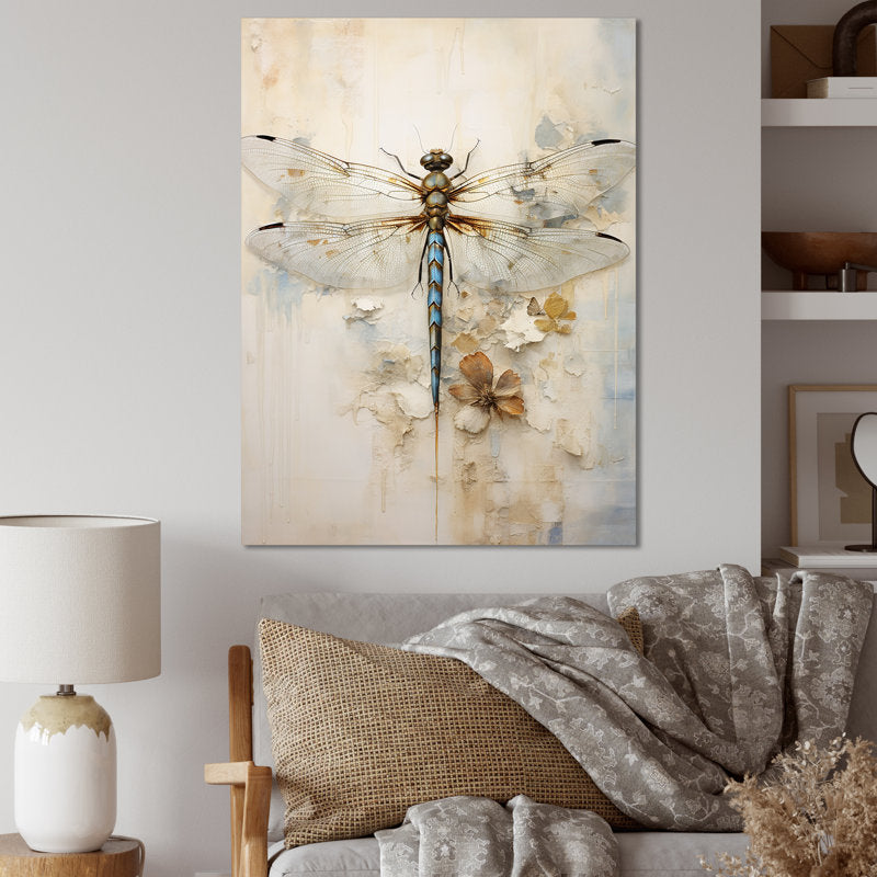 Stunning Dragonfly Oil Painting with Delicate Floral Accents for Elegant Decor