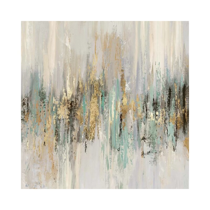 Abstract Gold and Aqua Oil Painting for Elegant Home Decor