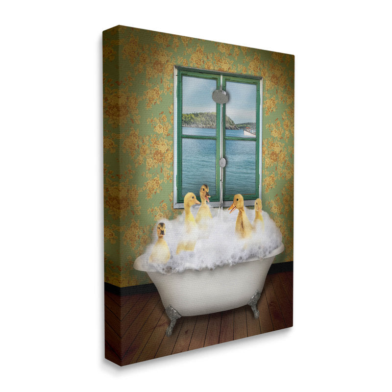 Charming Ducks in Bathtub with Scenic Ocean View Oil Painting
