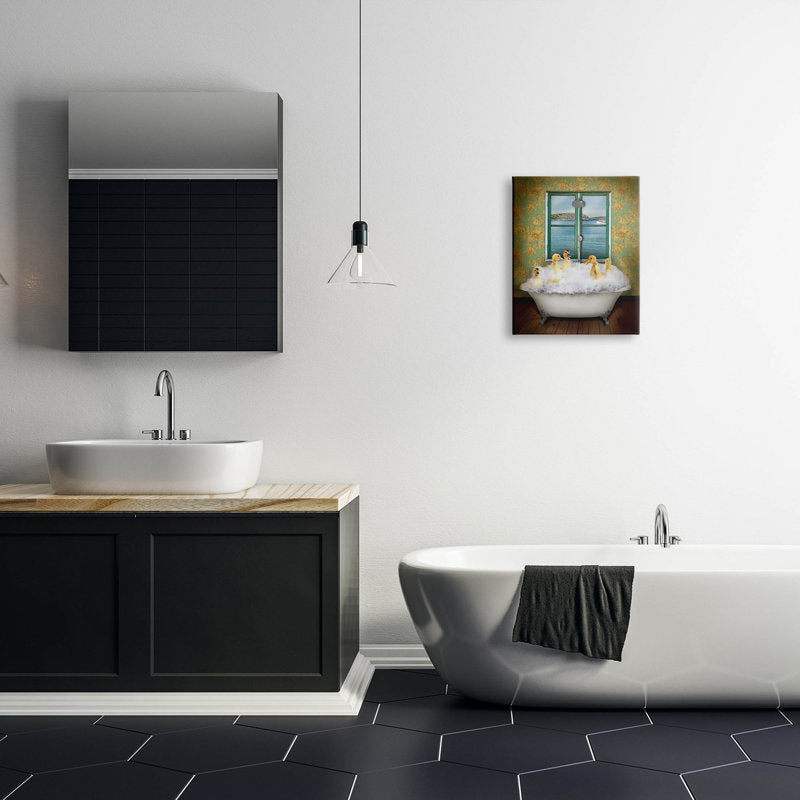 Charming Ducks in Bathtub with Scenic Ocean View Oil Painting