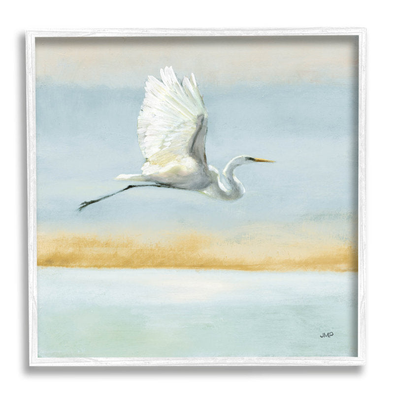 Elegant Egret Soaring Over Tranquil Ocean Breeze - Stunning Oil Painting