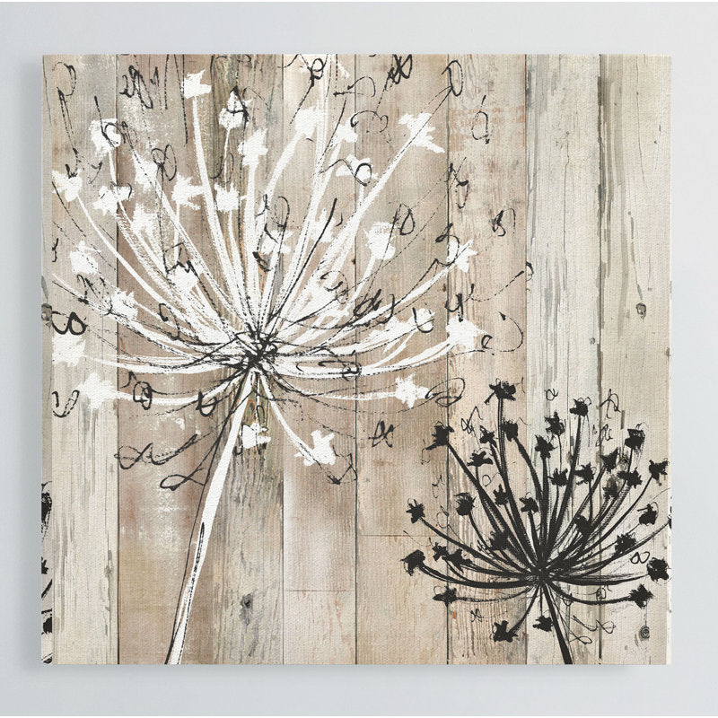 Rustic Floral Elegance: Charming Oil Painting of Dandelions on Weathered Wood