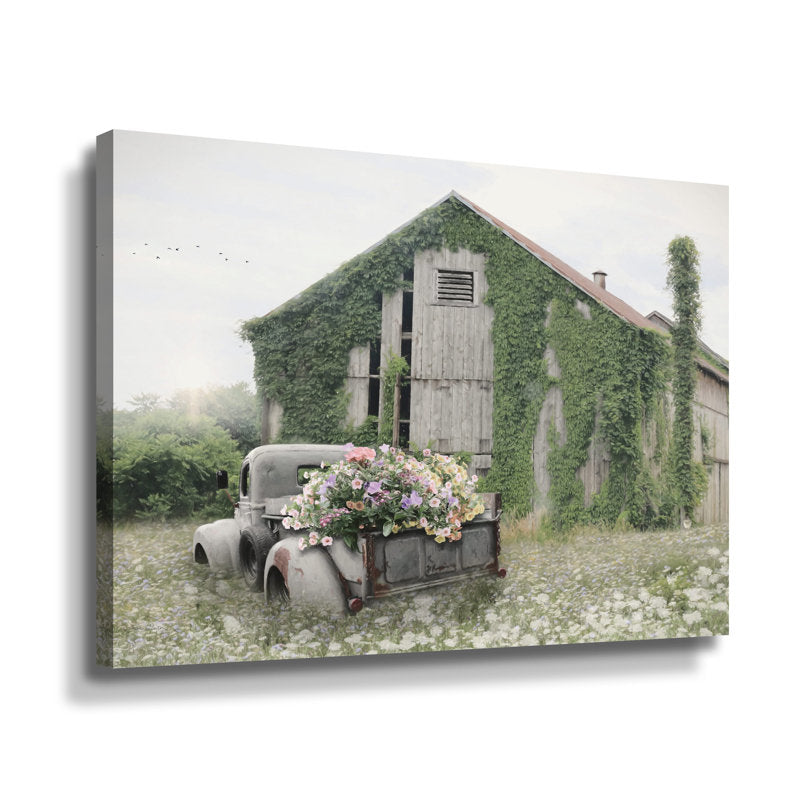 Charming Rustic Farm Scene with Flowers in Vintage Truck Surrounded