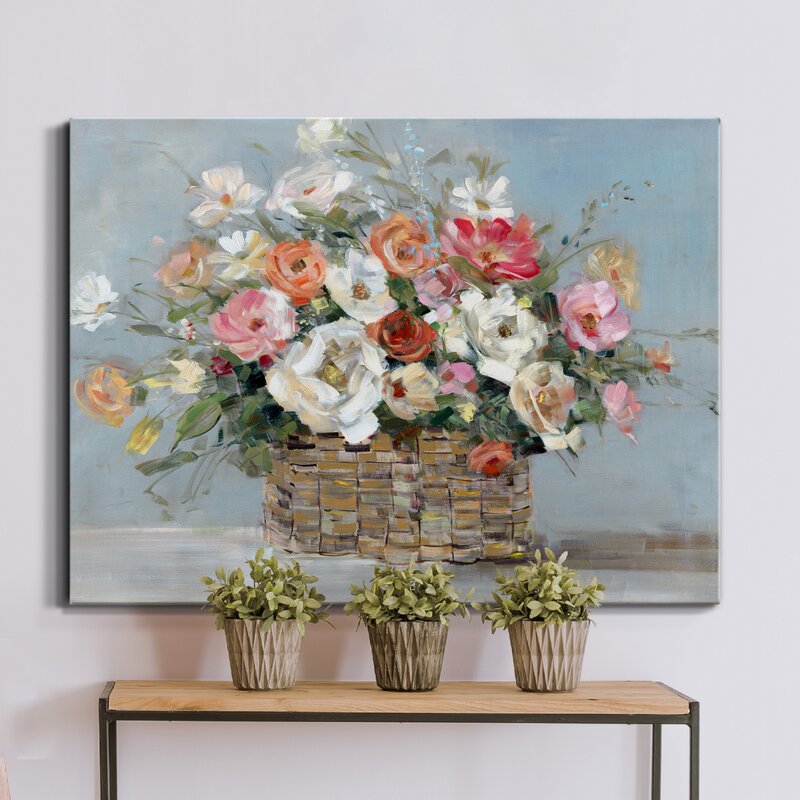 Vibrant Floral Oil Painting in Woven Basket - Brighten Your Home Décor
