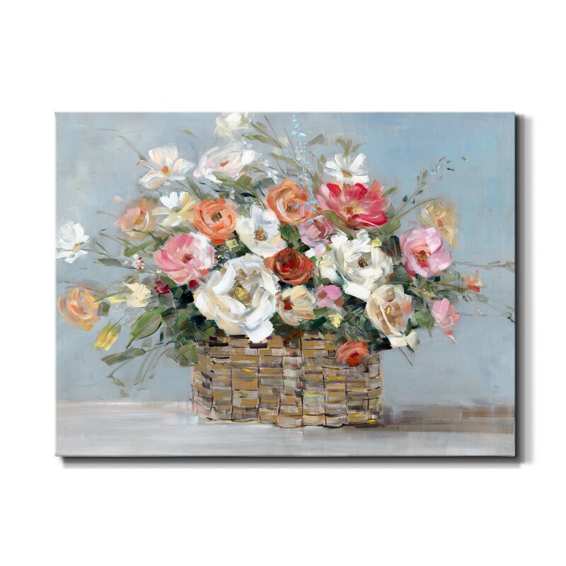 Vibrant Floral Oil Painting in Woven Basket - Brighten Your Home Décor
