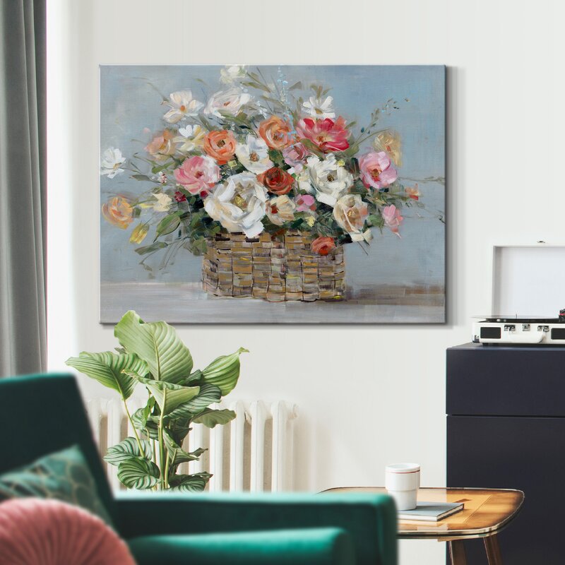 Vibrant Floral Oil Painting in Woven Basket - Brighten Your Home Décor